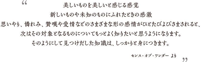 美しいものを美しいと感じる感覚 新しいものや未知のものにふれたときの感激 思いやり、憐れみ、賛嘆や愛情などのさまざまな形の感情がひとたびよびさまされると、次はその対象となるものについてもっとよく知りたいと思うようになります。そのようにして見つけだした知識は、しっかりと身につきます。 センス・オブ・ワンダー より